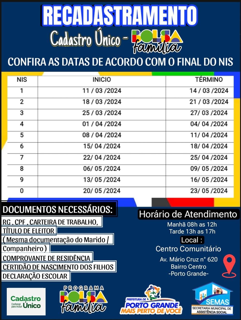 ATENÇÃO PARA O RECADASTRAMENTO DO CADASTRO ÚNICO E BOLSA FAMÍLIA.